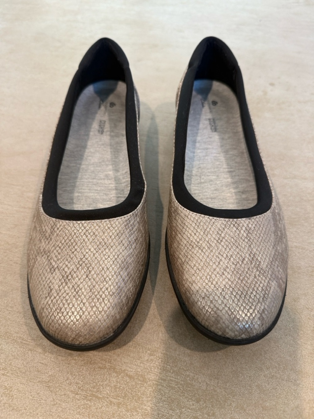 Clarks Cloudsteppers Metallic Taupe Snake-Print Ballet Flats with Black Trim